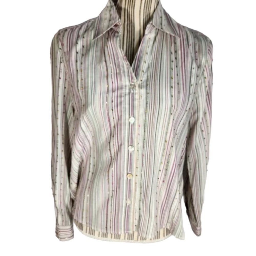 Alfred Dunner Petite V Neck Long Tab Sleeve Button Down Top Size 10P